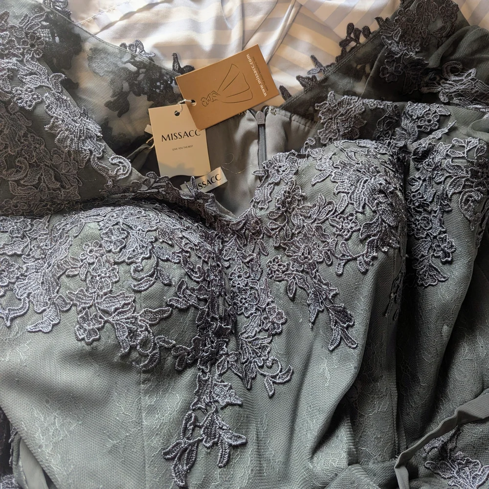 MissAcco Charcoal Lace Mermaid Gown with Sheer Bell Sleeves - Picture 4 of 5